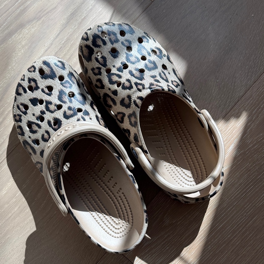CROCS Leopard Print Mules in Black and Cream